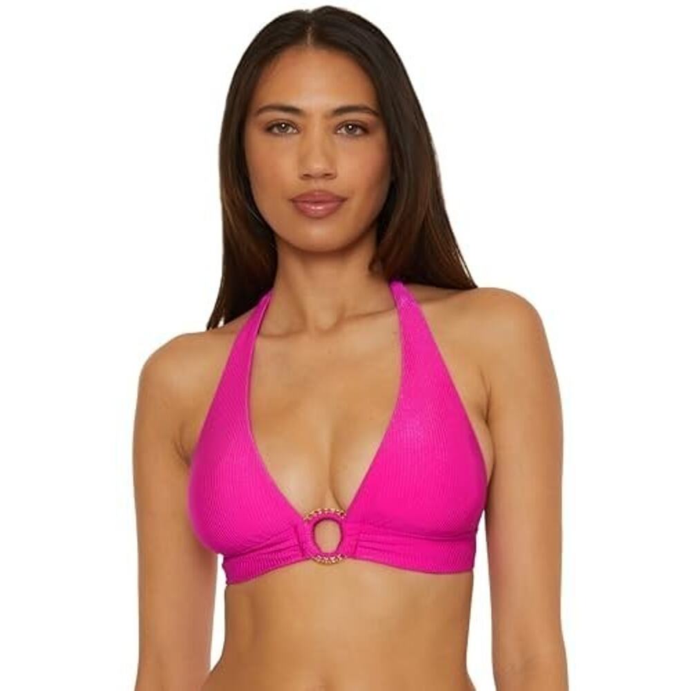 Becca Women's Ribbed Ring-Hardware Halter Top Azalea Size D-Cup 2598